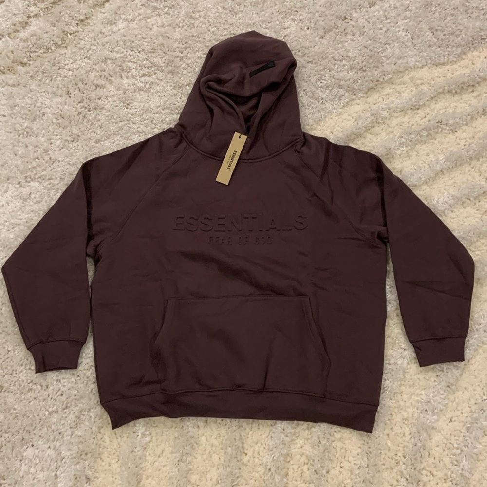 Essentials Fear of God Puff Print Logo Plum Purple Pullover Hoodie Men’s Large